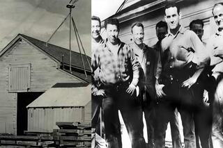Black and white photos of IEM founders, and the barn in which company was founded.